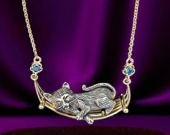 Sterling silver cat necklace in a hammock jewelry blue topaz 14kt vermeil