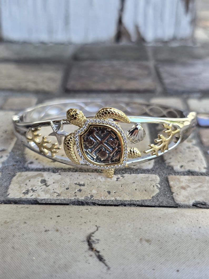 Turtle Bangle Atocha Coin Sea Turtle Bangle With • Sterling Silver & 14k Gold Vermeil ...