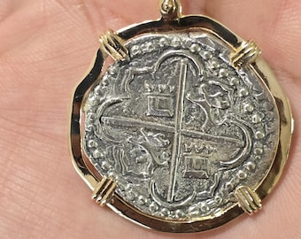 Atocha Silver Coin Pendant, 14kt Gold Bezel, Sunken Treasure Replica