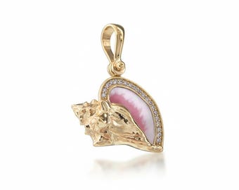 14kt Gold Vermeil queen Conch Shell Pendant, white sapphires Hand-Painted pink Enamel