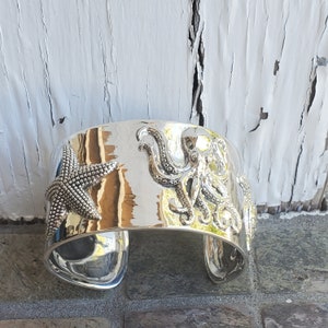 Large Sterling silver sealife cuff bracelet