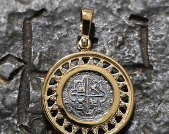 Small Atocha 14kt gold vermeil pendant treasure shipwreck silver coin with white sapphires
