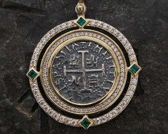 gorgeous Atocha 14kt gold vermeil pendant shipwreck treasure coin white sapphire micro pave setting