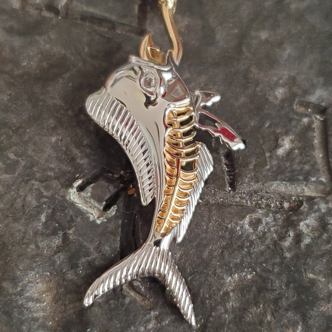 Mahi Mahi Sterling Silver 14kt Gold Overlay Skeleton Mahi on Hook