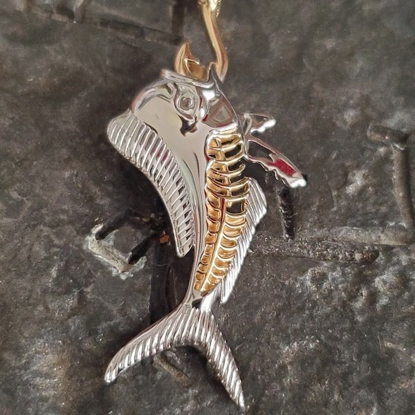 Mahi mahi sterling silver 14kt gold overlay skeleton mahi on hook pendant gorgeous jewelry with chain