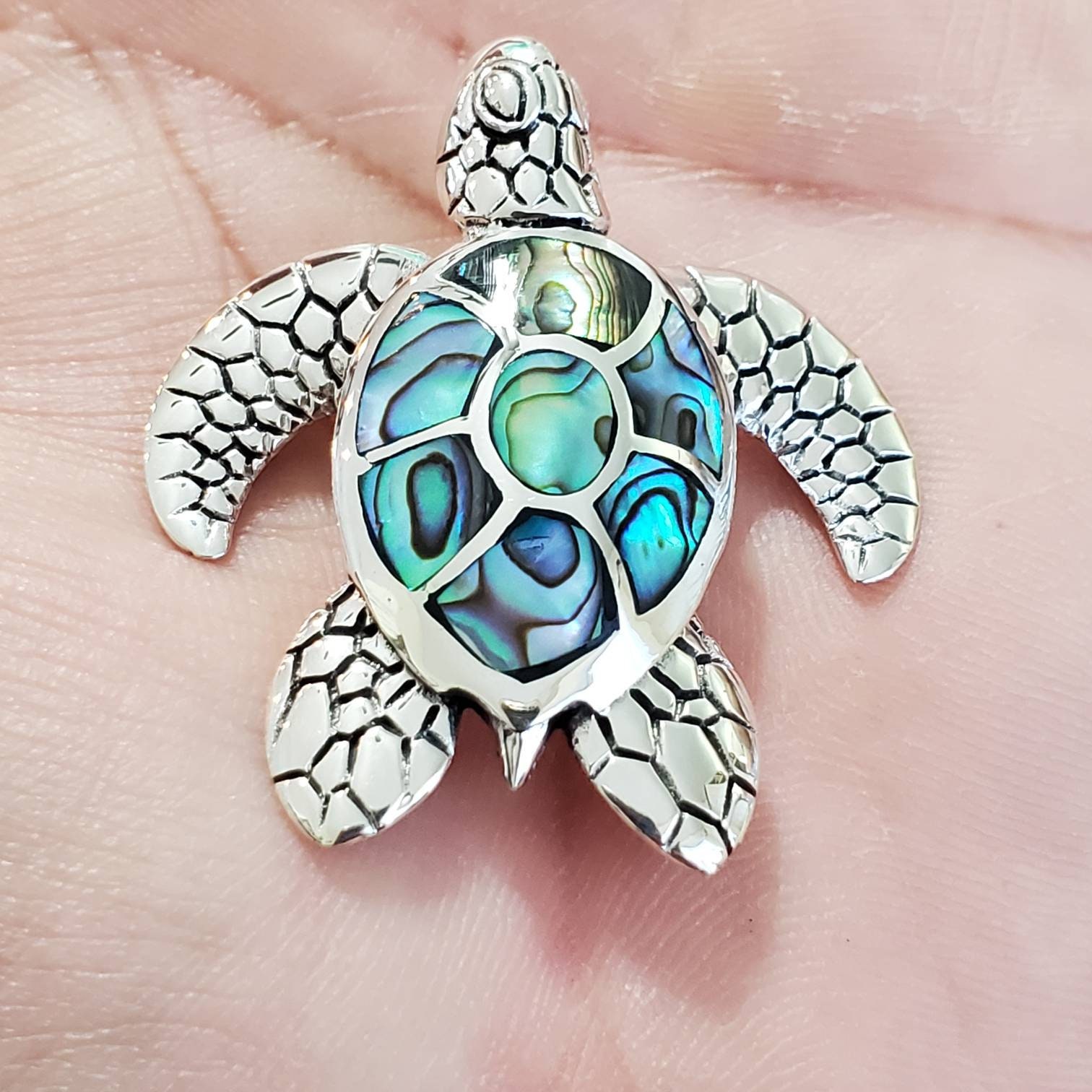 Large Silver Turtle Pendant With Abalone - Etsy