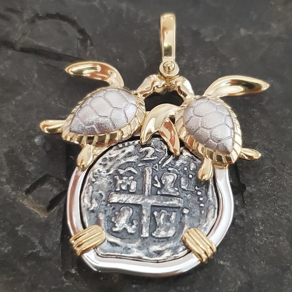 Atocha silver double turtle coin shipwreck treasure  pendant with shell inlay