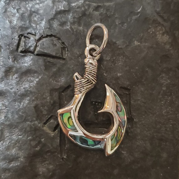 Reversible Sterling Silver Hawaiian Fish Hook Pendant with Abalone Inlay Jewelry