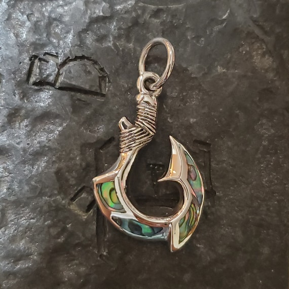 Reversible sterling silver hawaiian fish hook pendant with abalone inlay jewelry