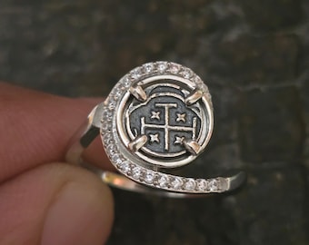 Atocha Silver Coin Ring, White Sapphire Wave Band