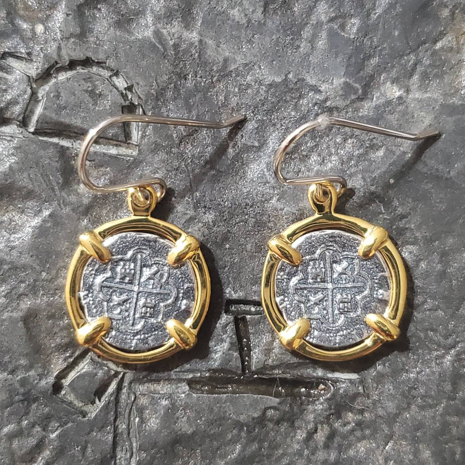 14kt gold plated atocha coin silver earrings sunken shipwreck treasure coins ladies earrings