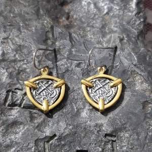 14kt gold overlay triangular atocha silver coin ladies earrings
