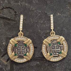 Atocha 14kt gold vermeil atocha coin silver earrings dangle drop white sapphire stunning round earrings