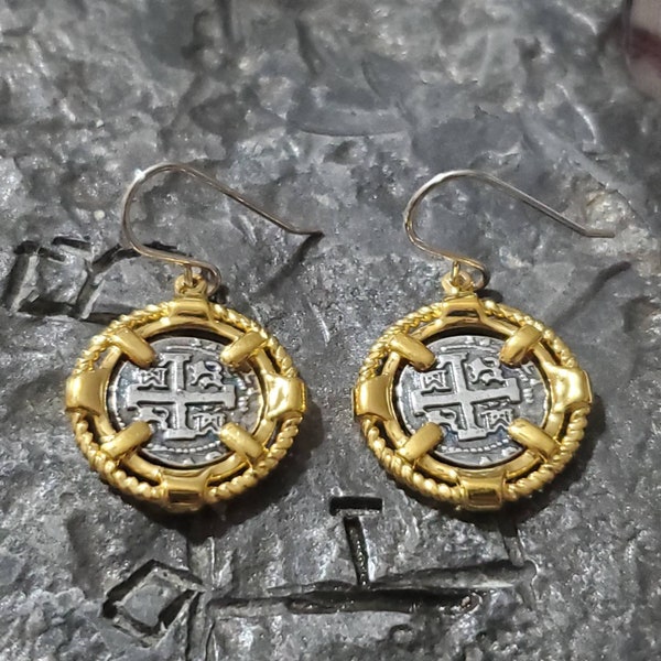 14kt gold plated atocha silver earrings dangle shipwreck treasure coins