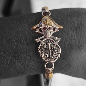 Atocha jolly roger pirate bangle 14kt gold overlay and silver island hook bangle bracelet shipwreck treasure coin