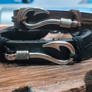 ブレスレット [LANARCH][2179] Black Leather Hook Bracelet Anchor bracelet Black + Silver – MyLapel