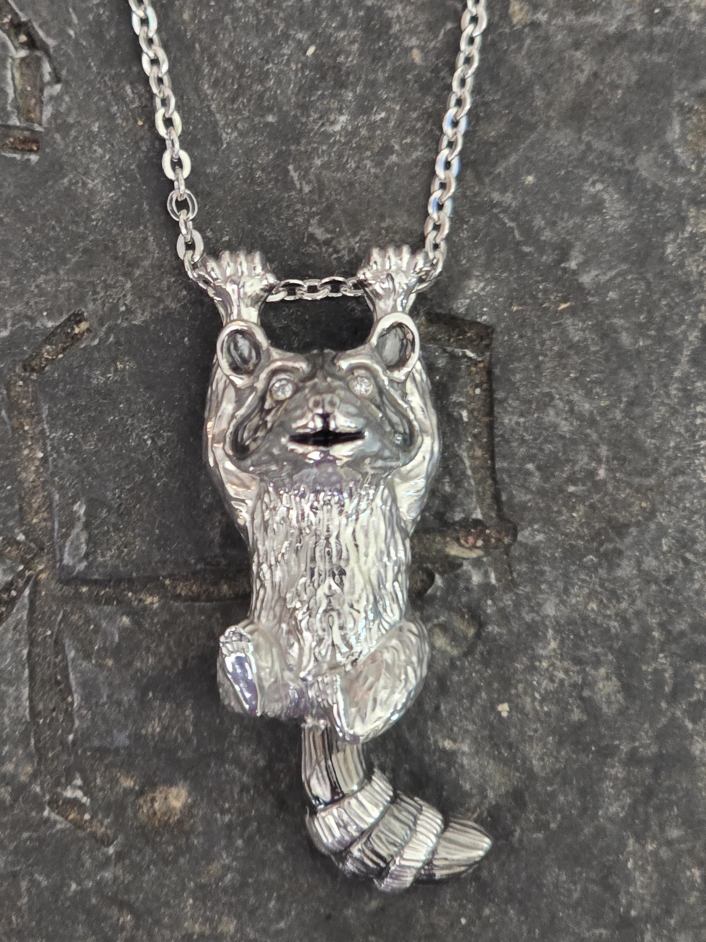 Sterling Silver Raccoon Pendant | Sapphire Eyes, Black Rhodium