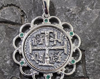 Atocha silver coin pendant sunken treasure coin with green topaz