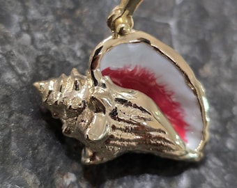 Gold Vermeil Conch Shell Pendant, Hand-Painted Enamel, Sterling Silver
