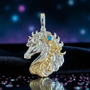 horse pendant equestrian sterling silver blue topaz handmade