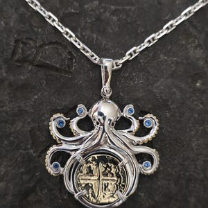atocha octopus coin with sterling silver chain sunken treasure ship shipwreck museum quality coin with blue topaz