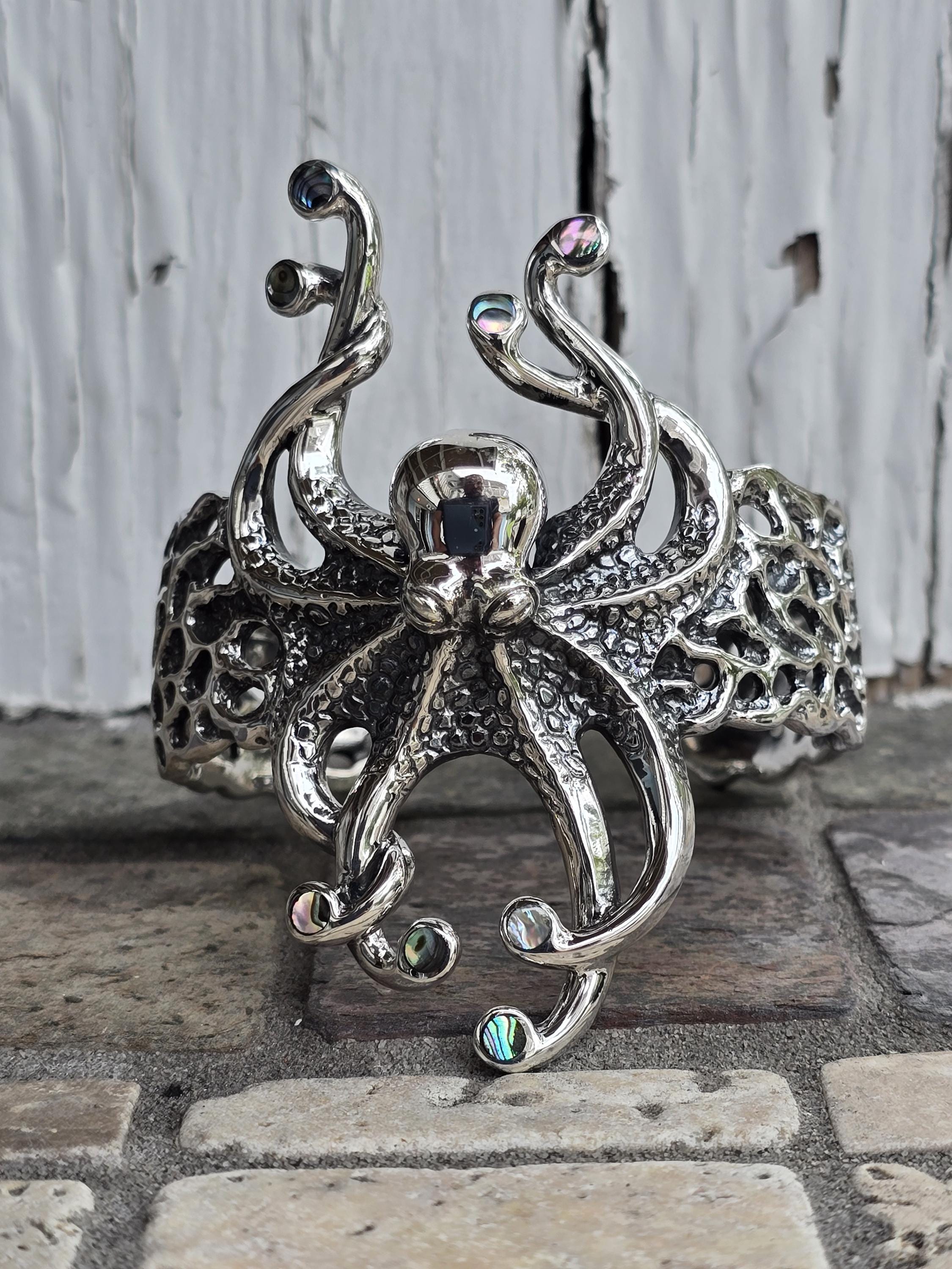 Octopus Inlay Sterling Silver Octopus Cuff Bracelet With Abalone Inlay Bold Ocean ...