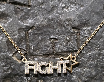 FIGHT necklace 14kt gold vermeil adjustable with white sapphires
