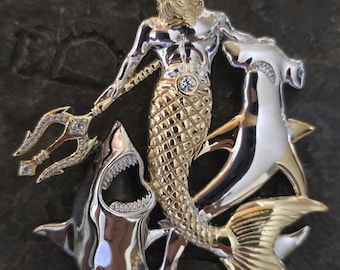 King Neptune Sapphire Trident Pendant, Two-Tone Shark Merman Jewelry