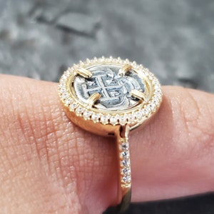 Atocha 14kt gold overlay ladies ring white topaz band shipwreck sunken treasure coin