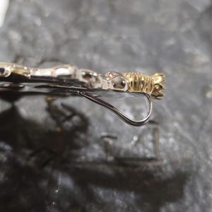 May include: Close-up of a silver and gold-toned earring. The earring features a decorative gold-colored element at the end and a curved silver hook. The earring is set against a dark, textured background.