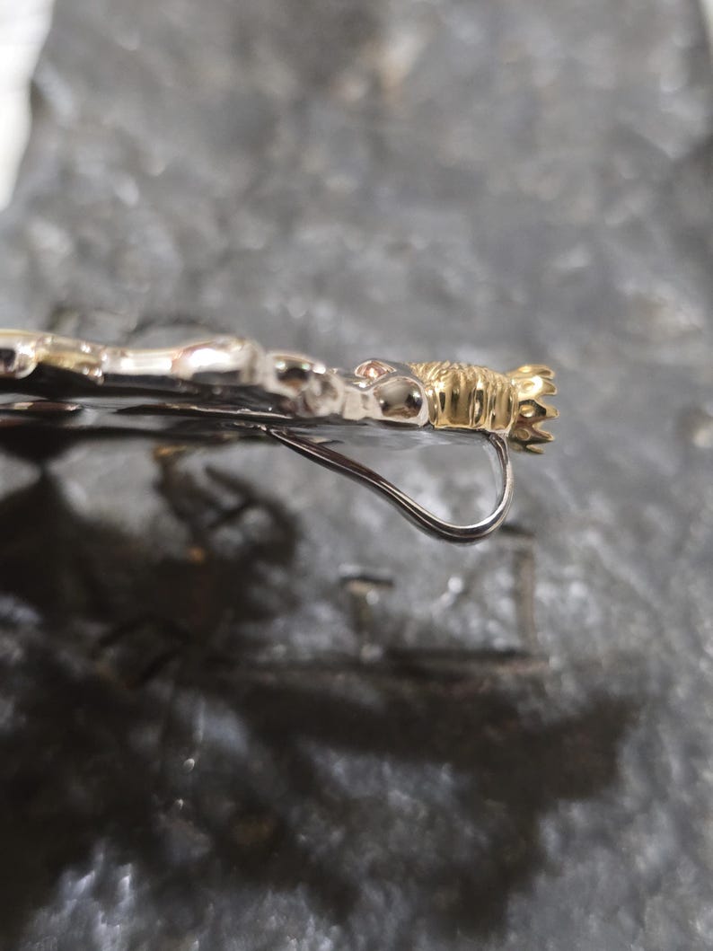 May include: Close-up of a silver and gold-toned earring. The earring features a decorative gold-colored element at the end and a curved silver hook. The earring is set against a dark, textured background.