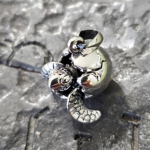 May include: Silver charm of a baby sea turtle hatching from its egg. The turtle is detailed with textured shell and flippers.