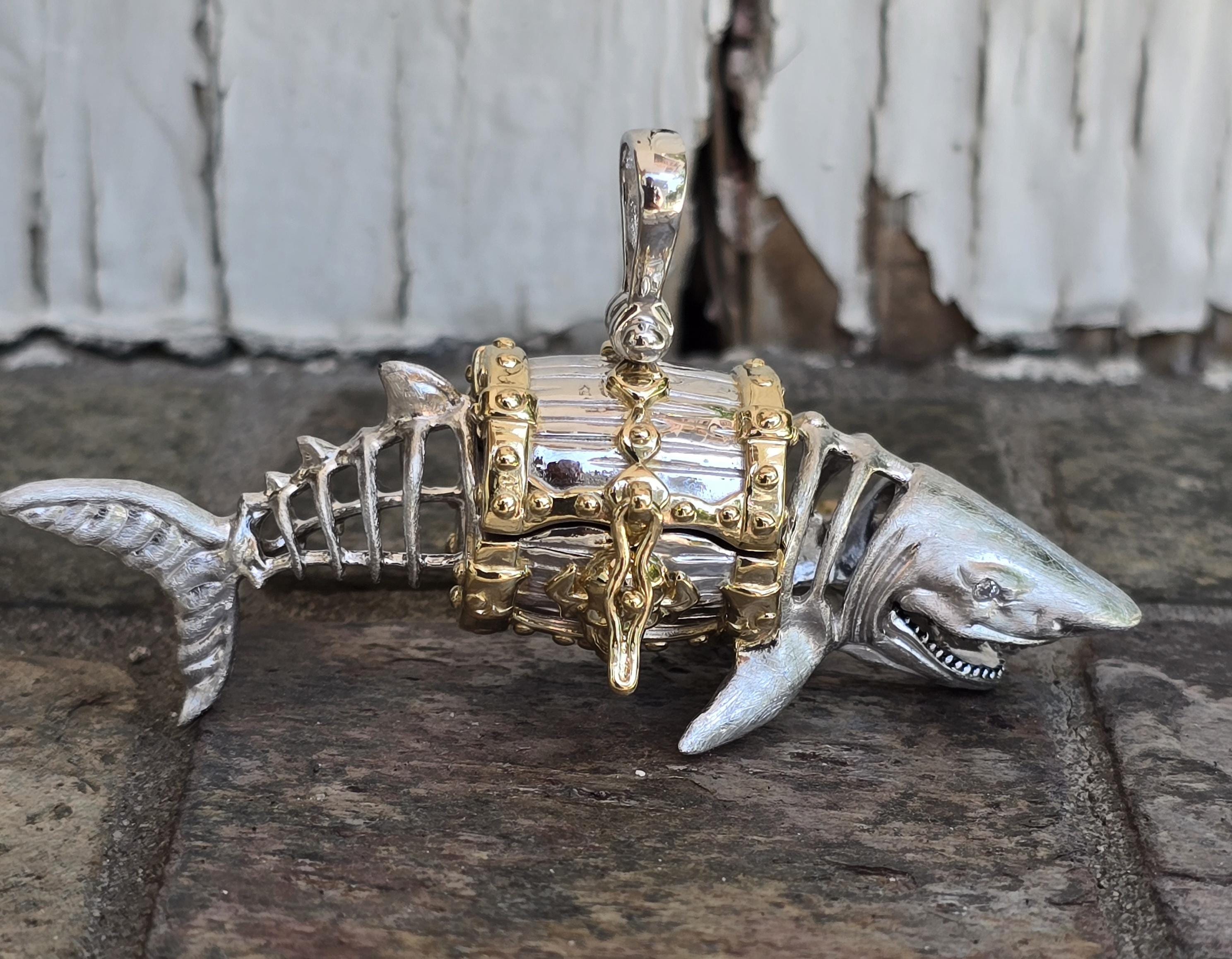 Sterling Silver Shark Locket: Atocha Coin, White Sapphire Eye