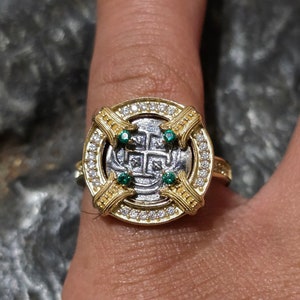 Atocha coin 14kt gold overlay ladies ring white sapphire and green topaz band shipwreck sunken treasure coin