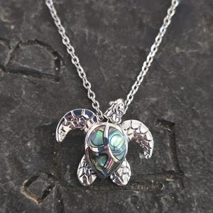 Sterling silver mini turtle necklace with abalone