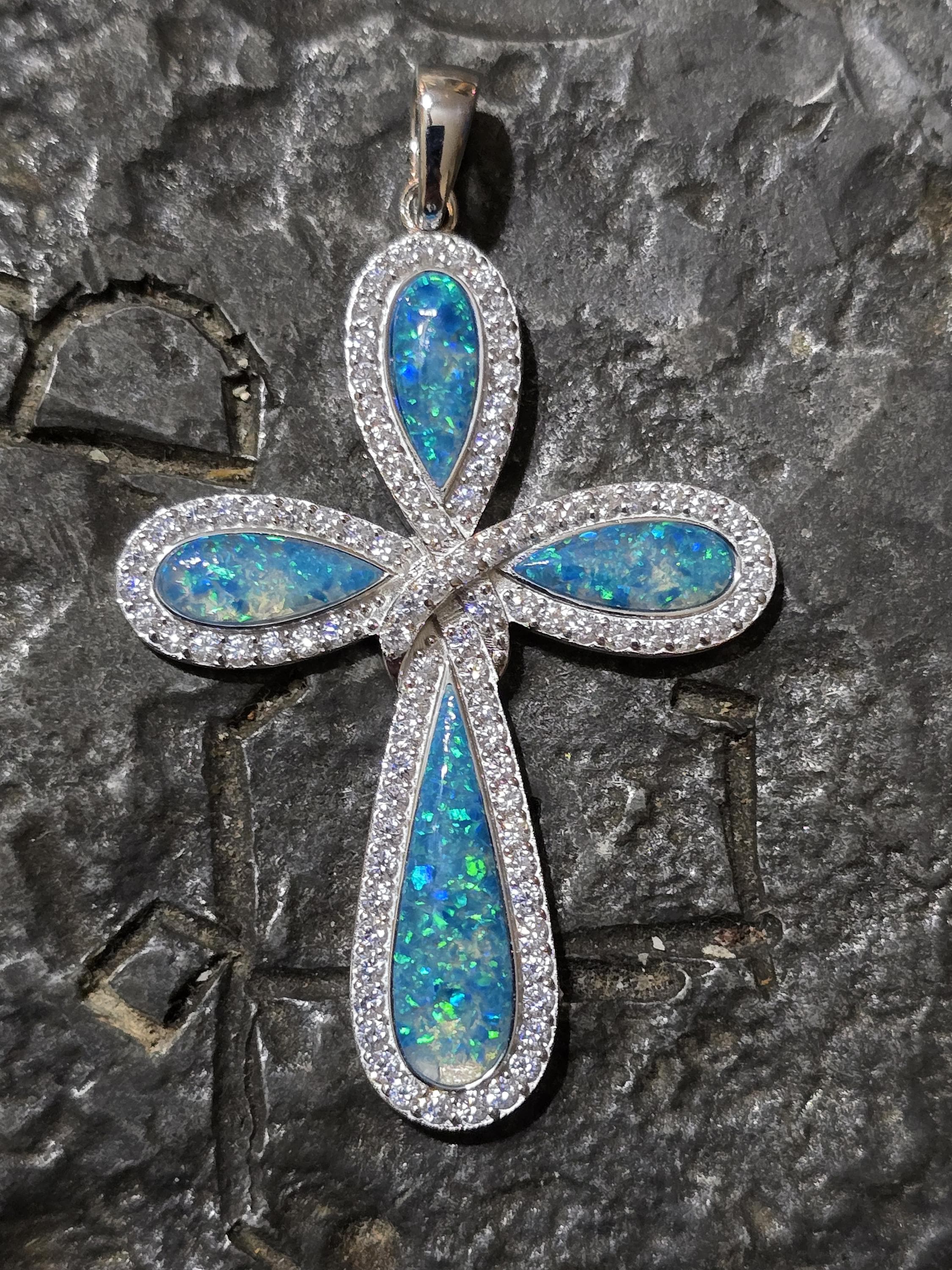 Sterling Silver Opal Cross Pendant with White Sapphires