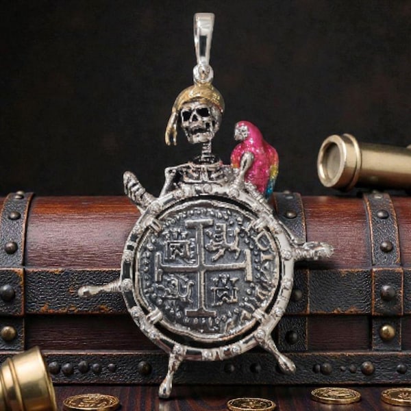 Pirate Skeleton Atocha Coin Pendant – Sterling Silver, Enamel Parrot Detail