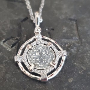 Atocha silver pendant small coin with  with chain shipwreck treasure jewelry with white topaz