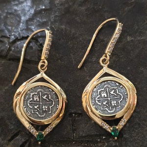 Atocha 14kt gold vermeil atocha coin silver earrings dangle drop white sapphire classy and elegant earrings