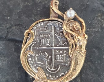 Atocha silver with genuine 14kt gold bezel mermaid coin shipwreck sunken treasure coin
