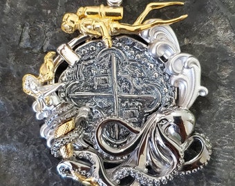 Atocha coin pendant limited edition octopus mermaid diver silver coin and chain