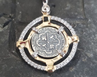 Atocha silver small coin with 14kt gold overlay with chain shipwreck treasure jewelry with white topaz