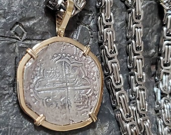 LARGE 14KT ATOCHA silver coin with chain mel fisher shipwreck sunken treasure