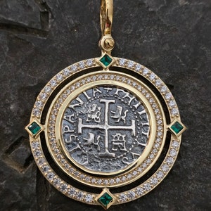 gorgeous Atocha 14kt gold vermeil pendant shipwreck treasure coin white sapphire micro pave setting
