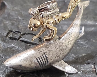 Sterling Silver Diver and Great White Shark Pendant, 14kt Gold Vermeil