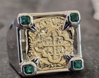 Highly Detailed Atocha Shipwreck Royalty Ring Emerald Articfact Reproduction in 14k Yellow