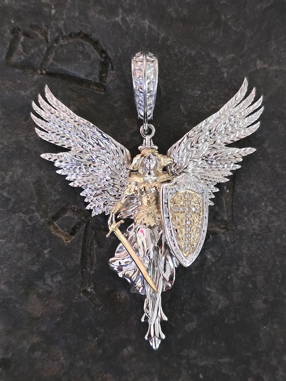 Faith & Protection Archangel Pendant – White Sapphire Cross Shield Design warrior guardian Angel