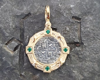 Atocha 14kt gold plated sunken treasure coin with green topaz