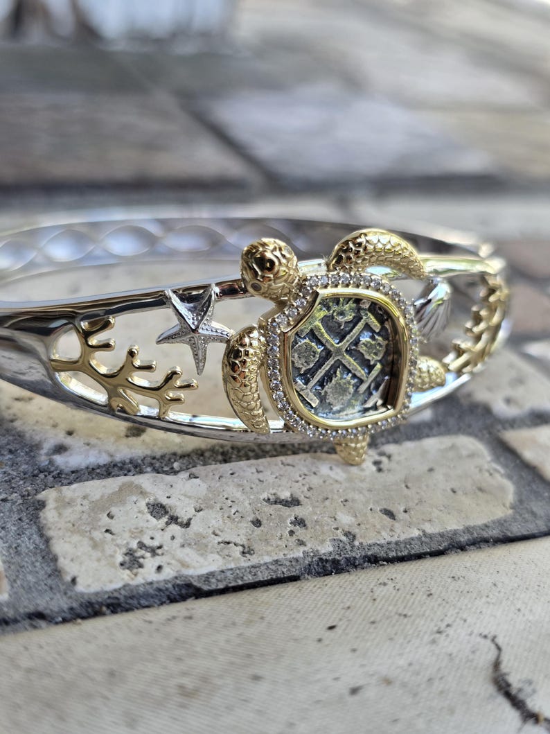 Turtle Bangle Atocha Coin Sea Turtle Bangle With • Sterling Silver & 14k Gold Vermeil ...