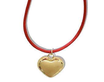 Red Satin Cord "Cherry" Puffed Heart Tie Necklace
